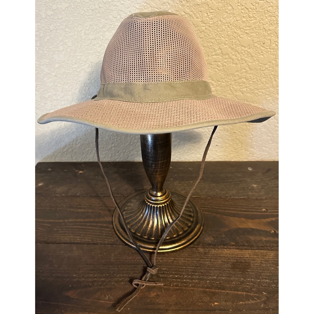 Dorfman Pacific Large Mesh Safari Sun Hat Khaki Cotton Wide Brim Chin Strap
